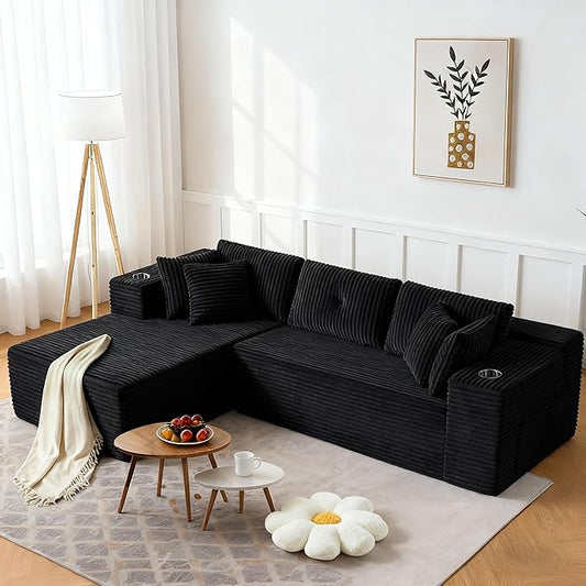 Modular Sectional Sofa, L Shaped Comfy Cloud Couch with Deep Seat, Boneless Couch for Living Room, Modern Sectional Sleeper with Chaise, No Assembly Required, Sofa in A Box, Black Corduroy