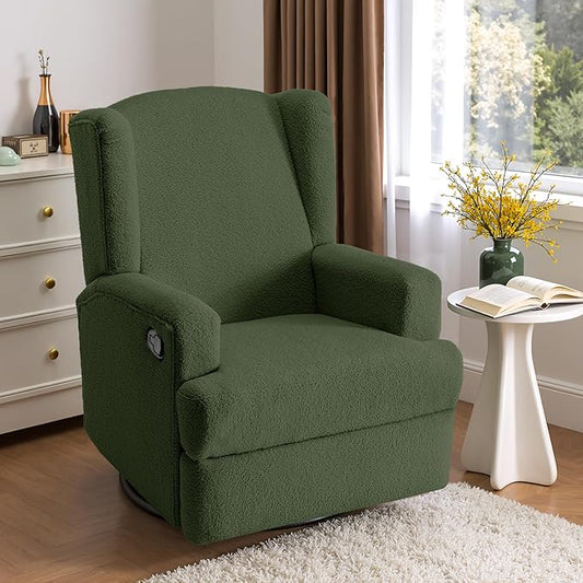 Boucle Swivel Glider Recliner Chair for Adults - Plush High Back Rocker with Deep Seat, Manual Reclining Upholstered Armchair for Living Room or Nursery, Textured Fabric Accent Chair-Green