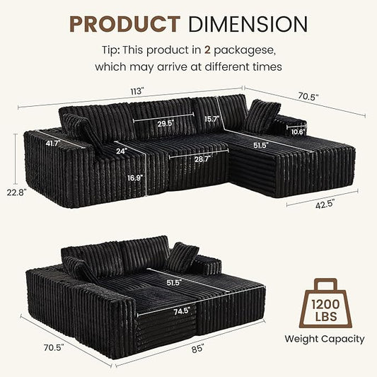 Apicizon 113" Modular Sectional Couch for Living Room, L Shaped Sectional Sofa Couch with Deep Seat, Boneless Sleeper Sofa with Chaise Longue for Apartment，No Assembly Required (Plush Corduroy Black)