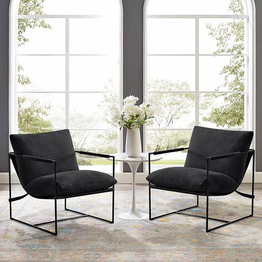 Furnilivng Large Sling Accent Chair Set of 2, Comfortable Boucle Fabric Arm Chair, Upholstered Cozy Reading Chair for Living Room, Bedroom, Dressing Room, Home Office, Black