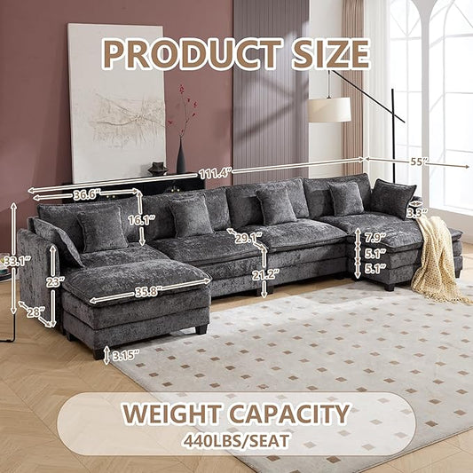 Plush Modular Cloud Sofa Set with Ottoman | L/U-Shaped Deep Seating Chenille Sectional for Family Living Room