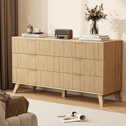 Fluted Dresser with 6 Drawers, 53.43 Inch Wood Double Dresser with Metal Handles Curved Design Wide Storage Organizer Cabinet Modern Chest Dressers for Bedroom Living Room Entryway(Oak)