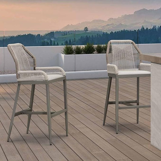 PURPLE LEAF 2 Pieces Bar Stools Patio Modern Rattan Barstools Aluminum Woven Tall Bar Chairs with Cushions for Outdoor Kitchen Island Garden
