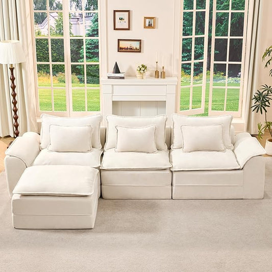 Hobestluk 120" Cloud Modular Sectional Couch 3-Seater Sofa with Ottoman L Shaped Sofa with Removable Cover Large Sofa Couch for Living Room (Beige, 3-Seater Sofa with One Ottoman)
