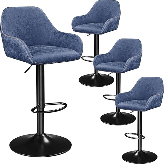 Yaheetech Bar Stools Set of 4, PU Leather Swivel Counter Height Barstools, Adjustable Bar Chairs with Backrest and Footrest, Kitchen Island Stool for Home Kitchen, Blue