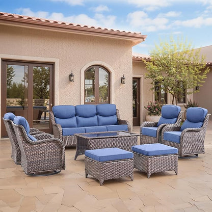 Swivel Patio Chairs sofa Set of 4 with 6" Thick Cushion - Wicker Outdoor Swivel Rocker Patio Chair with Side Table, High Back Comfortable Outdoor Glider Chairs - Brown Wicker | Blue Cushions