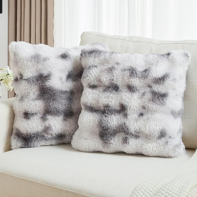 FUTEI Grey White Decorative Throw Pillow Covers 22x22 Inch Set of 2,Soft Fuzzy Faux Rabbit Fur Cushion Covers with Raised Texture,Neutral Boho Home Decor for Couch Bed Living Room