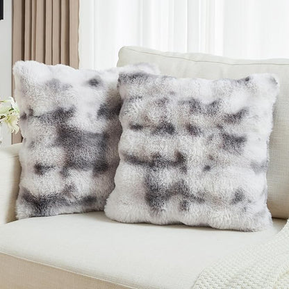 FUTEI Grey White Decorative Throw Pillow Covers 22x22 Inch Set of 2,Soft Fuzzy Faux Rabbit Fur Cushion Covers with Raised Texture,Neutral Boho Home Decor for Couch Bed Living Room