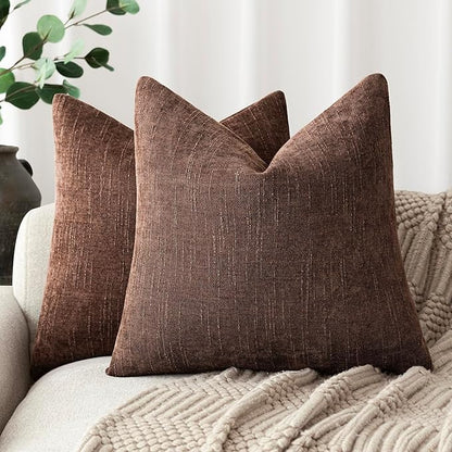 Foindtower Pack of 2 Soft Textured Chenille Throw Decorative Pillow Covers Square Accent Solid Cushion Cover Cozy Neutral Farmhouse Pillow Case for Couch Sofa Bedroom Living Room 22x22 Inch,Red Brown