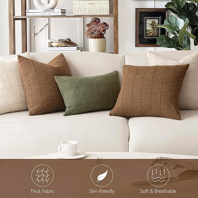 Foindtower Set of 2 Decorative Linen Check Throw Pillow Covers Neutral Farmhouse Lumbar Cushion Covers Modern Boho Home Decor for Sofa Chair Couch Bedroom Living Room,12×24 Inch,Brown Hazel