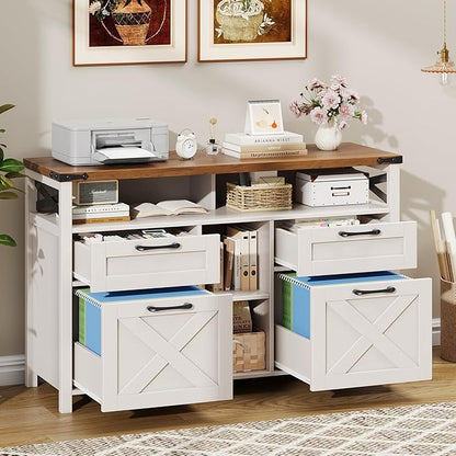 Filing Organization Storage Cabinets 4 Drawer with Adjustable Shelf, Lateral Filing Cabinet with Open Storage Shelf for Home Office, Farmhouse File Cabinets for Hanging Files Letter/A4.White
