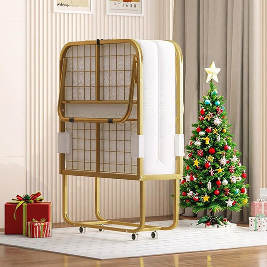 Mjkone Folding Bed with 4" Memory Foam Mattress for Guests – Single Rollaway Bed, Space-Saving Portable Design, Lockable Wheels & Easy Assembly, 75" x 46" Foldable Guest Bed Frame (Gold)