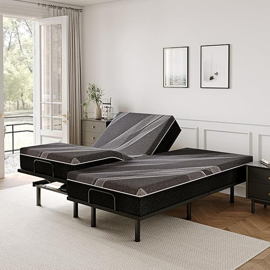 Split King Adjustable Bed Frame with 10 inch Gel Memory Foam Mattress, CertiPUR-US Certified Fiberglass Free, Zero Gravity & Wireless Remote, Head & Foot Incline, 80"×76"