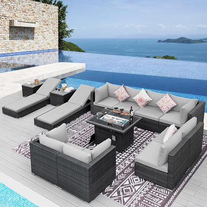 NICESOUL 13 Piece Outdoor Wicker Furniture for Patios with Fire Pits, Oversize Grey Outside Patio Set with Matching Lounges, 29.3" High Back Sectional Couch Sets for Tall Big People for Poolside, Yard