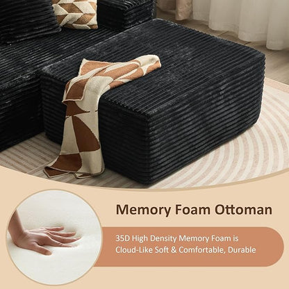 37.1" Ottoman for Couch, Plush Corduroy Memory Foam Ottoman Cloud Boneless Sectional Couch for Living Room Foot Stools No Assembly Require, Plush Corduroy,Black