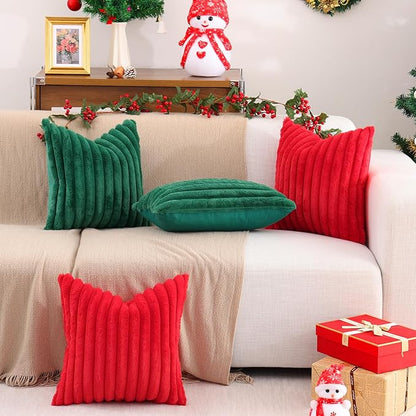 Pallene Faux Fur Plush Lumbar Christmas Throw Pillow Covers 12x20 Set of 2, Luxury Soft Fluffy Striped Decorative Pillow Covers for Sofa, Couch, Living Room, Christmas Green