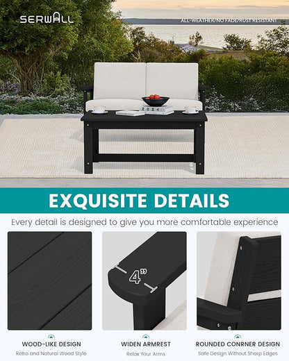 SERWALL HDPE Outdoor Patio Loveseat, Black Frame and Khaki Cushion
