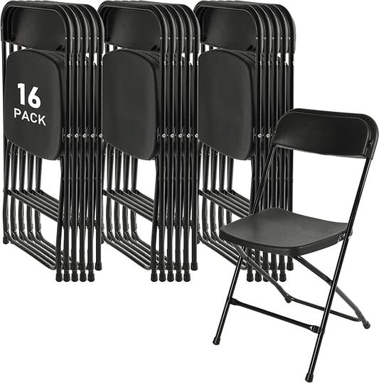 SEALAMB Plastic Folding Chairs 16 Pack, Black Commercial Portable Indoor/Outdoor Chairs for Home Office, Wedding, Events Parties with Steel Frame, 350lbs Capacity (Black-Plastic, 16 Pack)