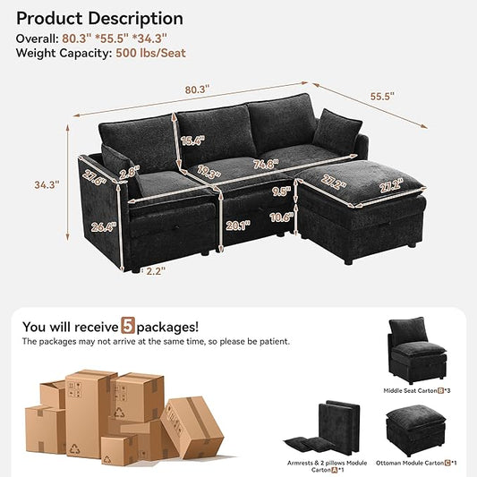 80" Cloud Modular 3 Seater Sofa with Storage Ottoman, Modern Upholstered Storage Sofa Couch Deep Seat, L Shape Sectional Sofa Chenille Comfy Couch with Armrests for Living Room, Small Space, Black