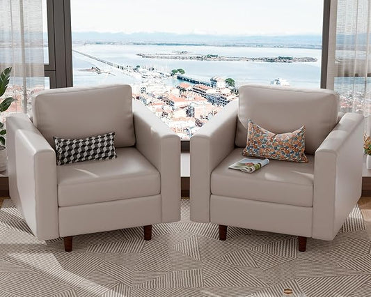 ABCASA Faux Leather Oversized Accent Chair with Storage Deep Seat Single Sofa Large Reading Armchair for Living Room Bedroom Office Whitesand Set of 2