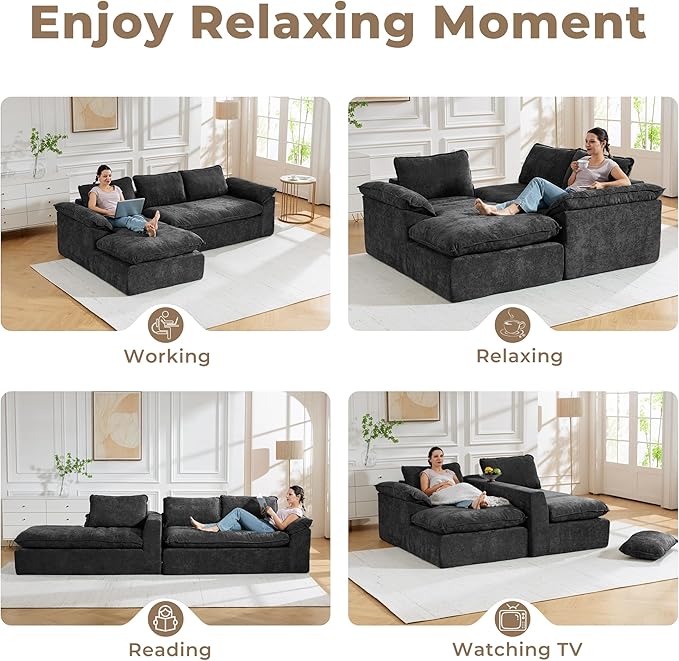 Modular Sectional Sofa, 107.5" L-Shaped Boneless Couch with Deep Seat, Modern Minimalist Upholstered Cloud Sectional Couch for Living Room Bedroom, No Assembly Required, Black Chenille