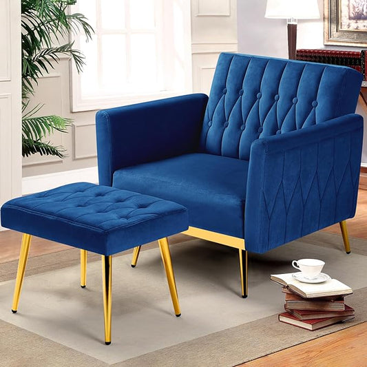 Velvet Accent Chair with Adjustable Armrests and Backrest, Button Tufted Lounge Chair, Single Recliner Armchair with Ottoman and Pillow for Living Room, Bedroom, Blue