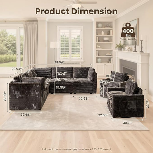 98" Modular Sofa with Swivel Chairs, Modern L Shape Cloud Sectional Couch Plush Corduroy 5 Seater Deep Seat Sofas Set & Accent Armchair Set of 2 for Living Room, Gray