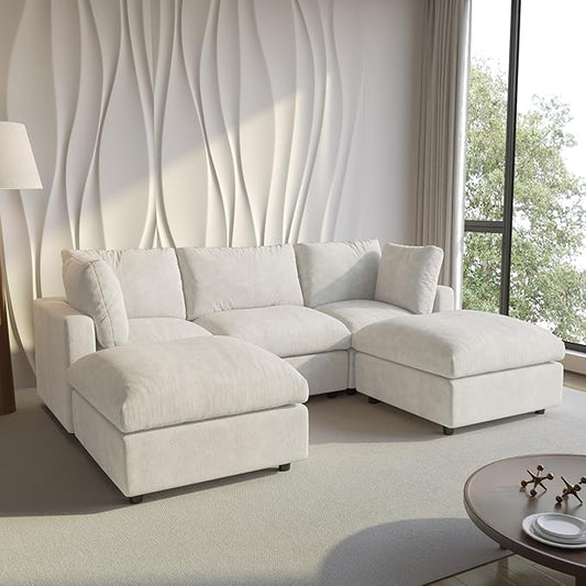 Cloud Couch Modular Sectional Sofa,100.5" U Shaped Couch, Oversized Convertible Wide Seater,3 Seater with 2 Ottomans for Living Room Set, Covers Washable&,Beige