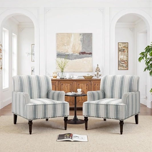 Pia Ricco Stripe Accent Chairs 2 Pack - Modern Nailhead Trim Armchairs with Wood Legs, Comfy Living Room Bedroom Home Office Seating-Light Blue