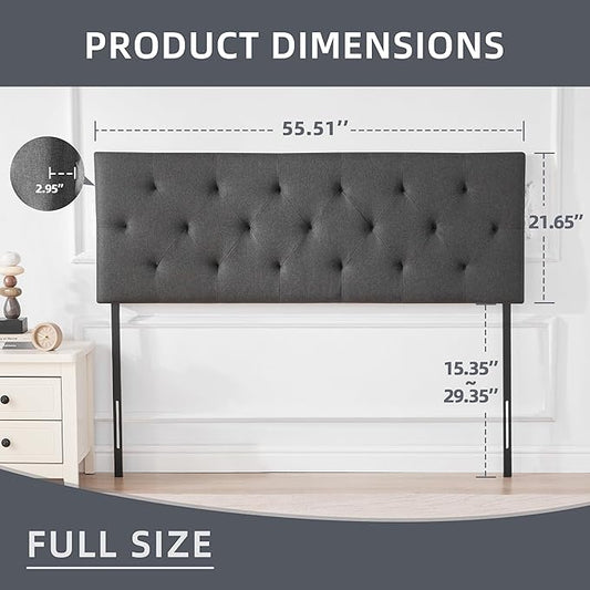 Linen Upholstered Headboard Full Size, Modern Diamond Tufting Solid Wood Full XL Headboard Only, Adjustable Height from 37” to 51” Head Board, Bed Frame or Wall Mount Headboards, Dark Grey