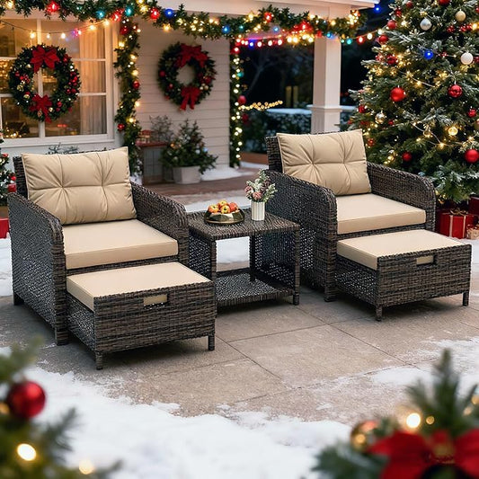 5 Pieces Patio Furniture Set, Hand-Woven Rattan Patio Conversation Set with Soft Cushions & Coffee Table, Outdoor Chairs with Hidden Ottoman for Porch, Lawn, Garden, Balcony, Brown
