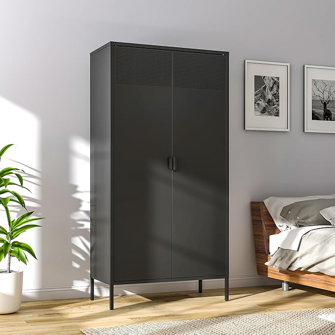 Metal Storage Cabinets Locker with Hanging Rod and Adjustable Shelves, 71'' Clothing Steel Storage Wardrobe for Home & Office, School, Employee,Gym(Black, 71''H-Wardrobe)