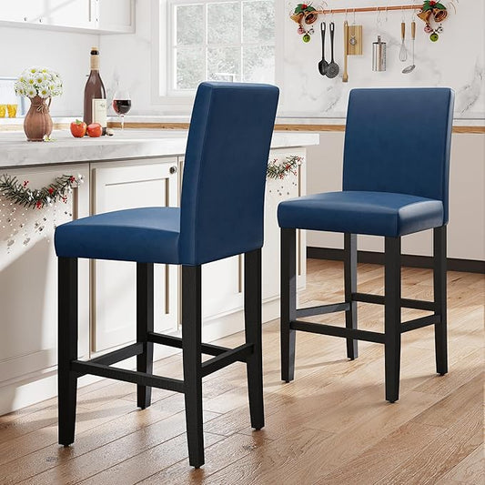 LSSPAID Counter Height Bar Stools Set of 2, 24.8 Inch Upholstered PU Leather Barstools, Modern Kitchen Island Chairs with Backrest and Solid Wood Legs, Navy Blue
