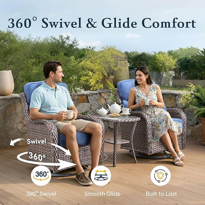 Belord Luxury 6" Thick Cushioned Outdoor Swivel Rocker Patio Chairs Set of 4 with Side Table, High Back Wicker Furniture Set with Ergonomic Zone Back, Conversation Set for Deck Porch - Brown+Blue