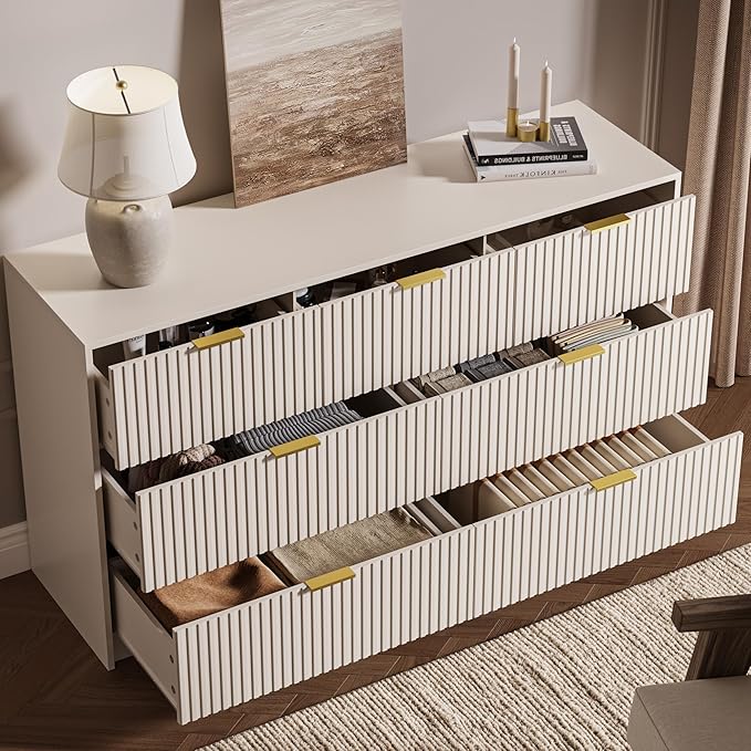Beige 7 Drawer Dresser for Bedroom, Modern Fluted Dresser with Gold Metal Handles, Wide Chest of Drawers for Bedroom,Living Room, Entryway, Hallway, 55.9" L x 15.7" D x 31.4" H