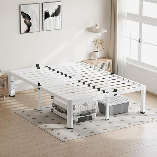 18 Inch Full Size White Bed Frame, 3500Lbs Heavy Duty Metal Platform with Round Corner Legs Mattress Slide Stopper, Steel Slat Support No Box Spring Needed, Noise Free, Non-Slip, Easy Assembly
