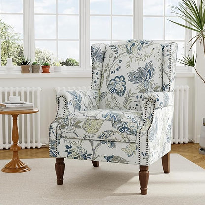 Accent Chair, Upholstered High Back Floral Armchair with Nailhead Trim & Wood Legs, Comfy Wingback Reading Single Sofa Chair for Small Spaces, Living Room, Bedroom ( Plants Blue Floral, Set of 1)