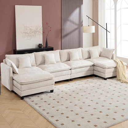 Plush Modular Cloud Sofa Set with Ottoman | L/U-Shaped Deep Seating Chenille Sectional for Family Living Room
