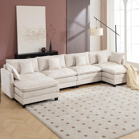 Plush Modular Cloud Sofa Set with Ottoman | L/U-Shaped Deep Seating Chenille Sectional for Family Living Room