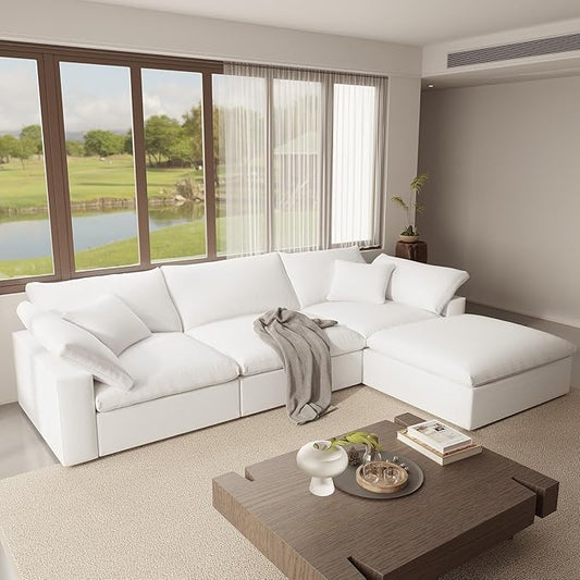 Oversize Cloud Modular Sectional Sofa,110.8" L Shape 3 Seaters with Chaise Down Filled Comfort Sofa Detachable Couch Cushion Covers for Living Room,White