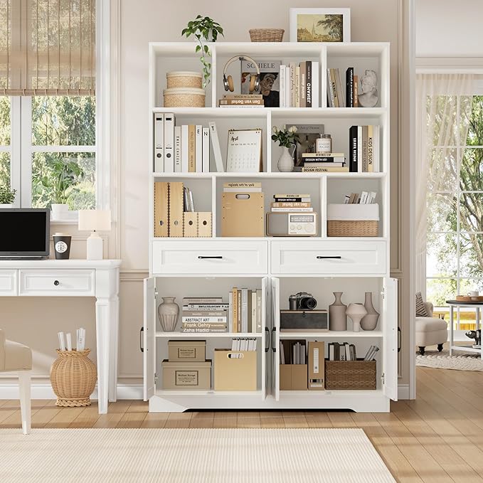 HOSTACK 71" Tall Bookcase with Drawers and Doors, 47" Wide Book Shelf and Bookcase with Storage, 6 Tier Large Book Storage Cabinet with 14" Deep Display Shelves for Living Room, Home Office, White