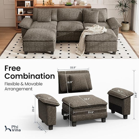 PHI VILLA Cloud Modular Couch Sets, 123.6" Sectional Sofa with U-Shaped Chaise, 5-Seater Couches with 2 Movable Ottomans for Living Room, Chenille Fabric, Smoky Grey