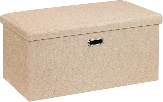 VECELO 30'' Folding Storage Ottoman Bench, End of Bed Linen Fabric Foot Rest Stool with Padded Seat, Large Footstools for Bedroom, Living Room, Load 500 lb, Khaki