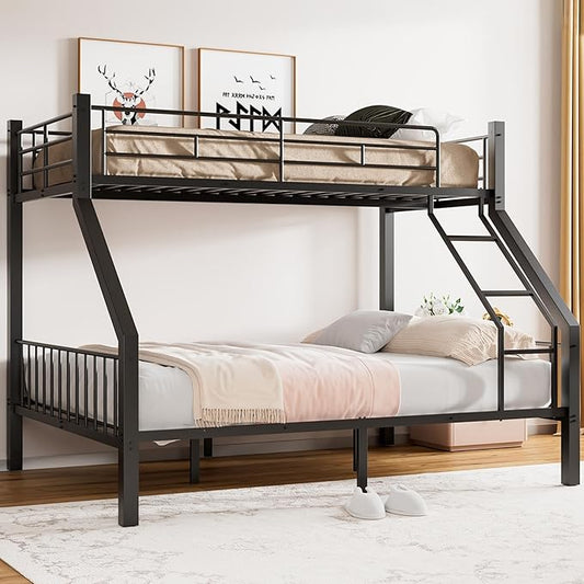 Twin XL Over Queen Bunk Bed, Heavy Duty Bunk Bed with EVA Padded Ladder and Full-Length Guardrails, Metal Queen Bed Frame with Slats Support for Adults, Teens, Kids, Black