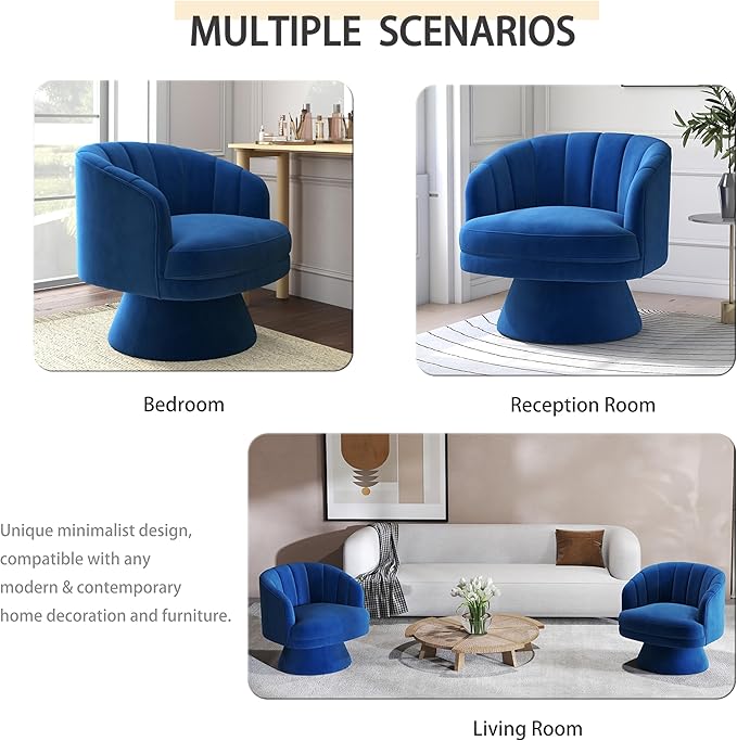 Swivel Accent Chair,Upholstered Velvet 360° Swivel Barrel Chair for Living Room Overstuffed Bouncle Reading Chair Round Armchair for Bedroom,Vanity,Office (Navy)
