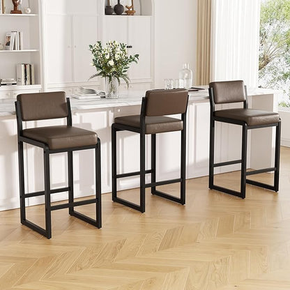 Bar Stools Set of 2, Faux Leather Counter Height Bar Stools with High Back and Metal Legs, Upholstered Bar Chairs, 26" Modern Barstools for Kitchen Island, Dark Brown