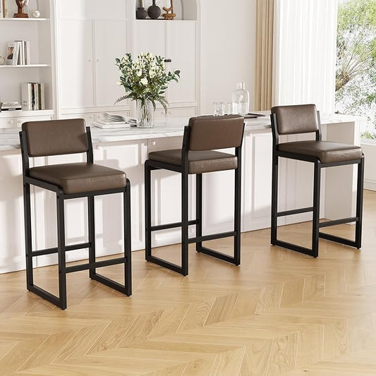 Bar Stools Set of 3, Faux Leather Counter Height Bar Stools with High Back and Metal Legs, Upholstered Bar Chairs, 26" Modern Barstools for Kitchen Island, Dark Brown