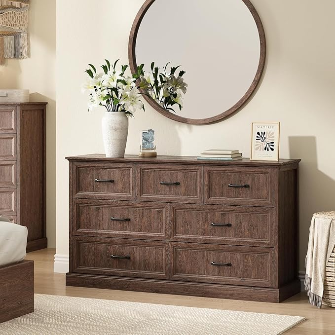 CARPETNAL Farmhouse Dresser and Nightstand Sets for Bedroom, 4 Pcs Bedroom Set, 5 Drawer & 7 Drawer Dresser and Nightstand Set of 2, Wood Chest of Drawers for Living Room, Entryway, Brown
