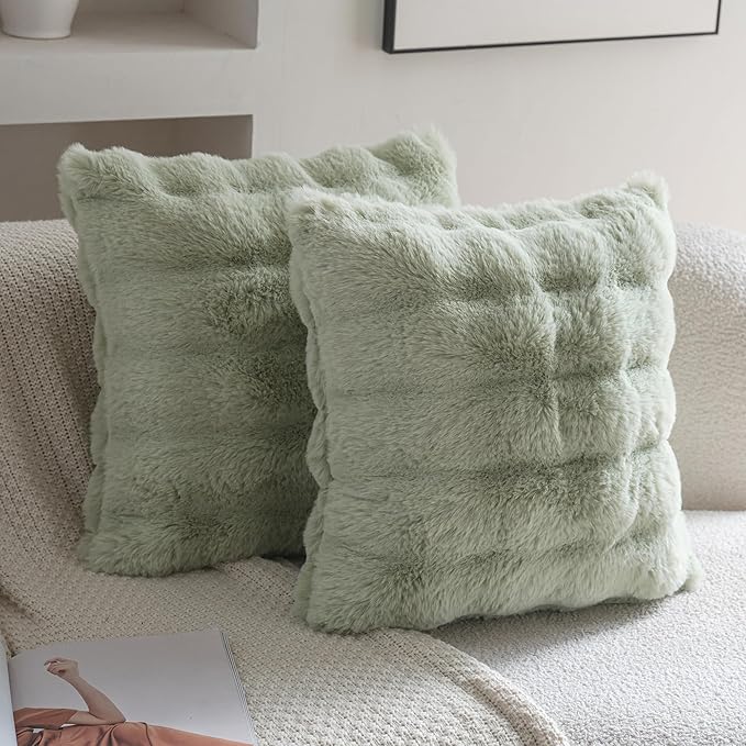 Neelvin Green Faux Fur Cozy Soft Double-Sided Decorative Throw Pillow Covers 22x22 inch Set of 2,Velvet Pillowcase Cushion Case for Sofa Couch