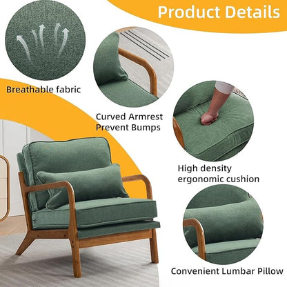 Mid-Century Accent Chair,Linen Fabric Lounge Chair with Wide Armrest,Linen Fabric Armchair with Lumbar Pillow & Solid Wood Frame for Living Room, Bedroom, Balcony(Green)
